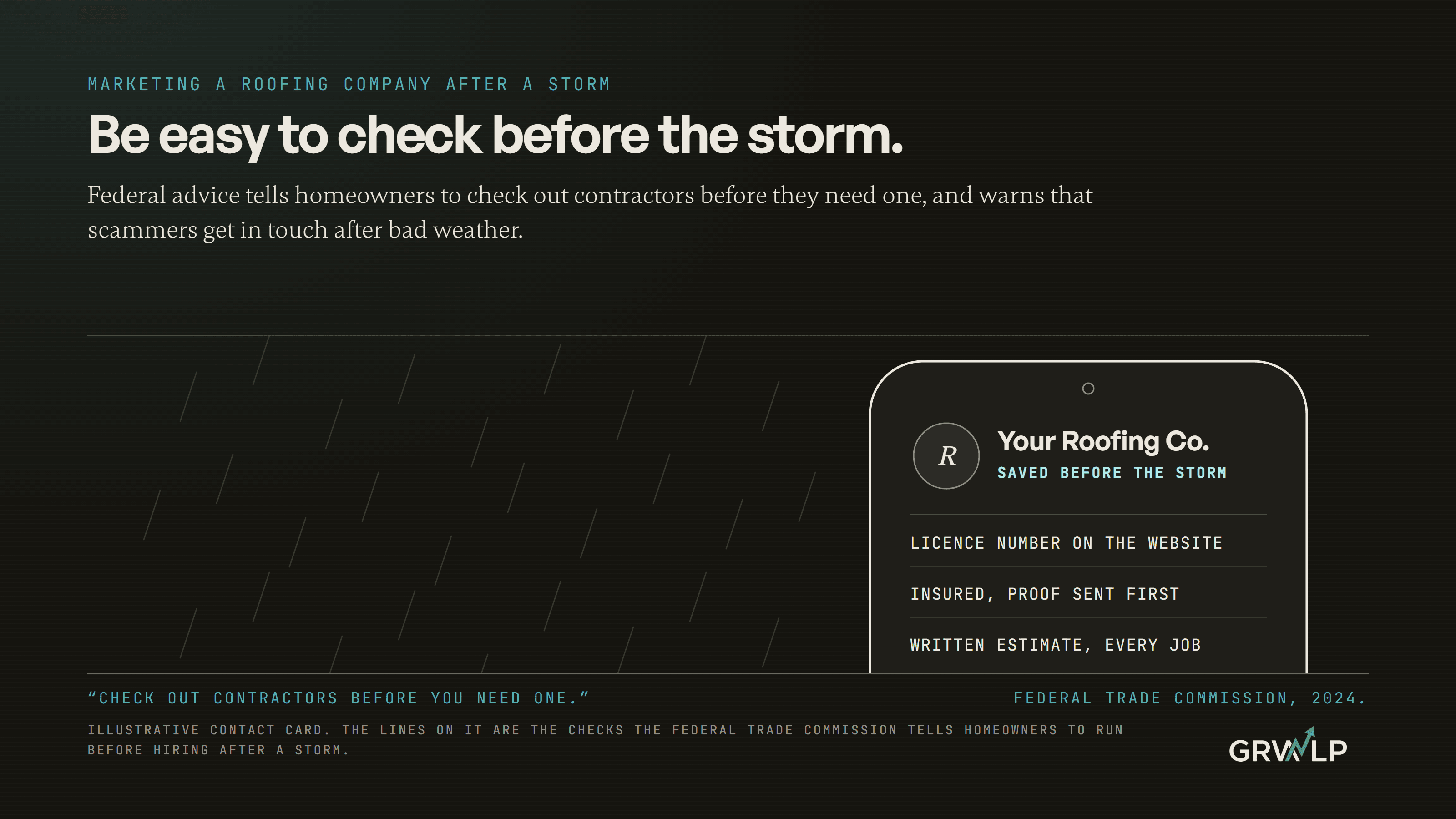 A phone contact card for a local roofer, saved before storm season, listing a licence number, proof of insurance, written estimates and the line that the homeowner pays the deductible